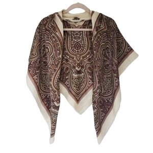 Vintage Italian Shawl Cream Brown Paisley Print Raw Hem By Debenhams